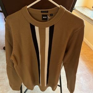 Hugo Boss Tan Crewneck Sweater with Black and White Stripes